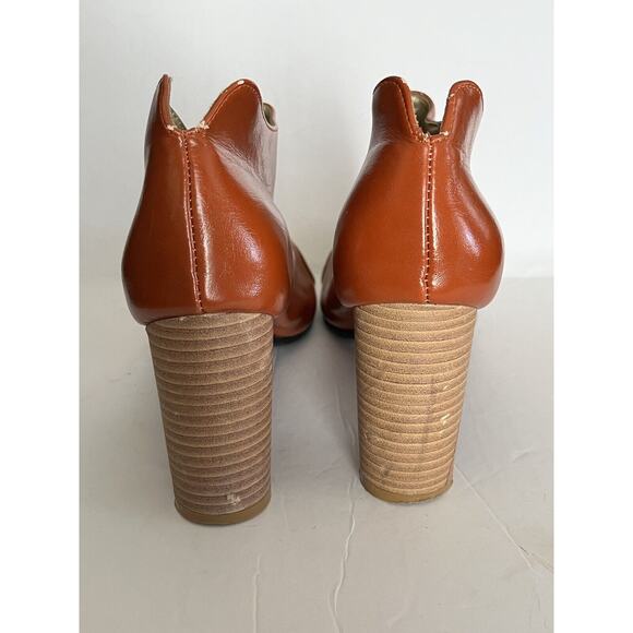 Cri de Coeur •11• Ankle Boots Heels Round Orange Gold Cap Toe Zip Wood Stacked - Picture 8 of 11